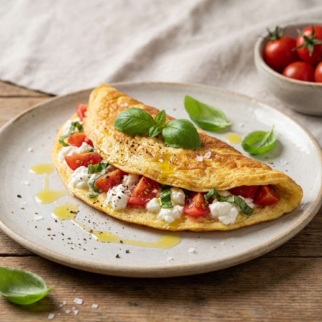 Omlet z twarogiem, pomidorami i bazylią