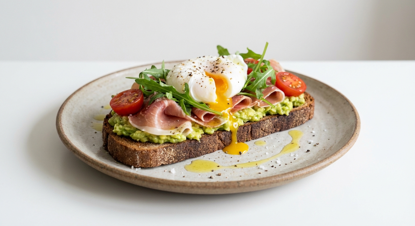 Grzanka z jajkiem, szynką i awokado