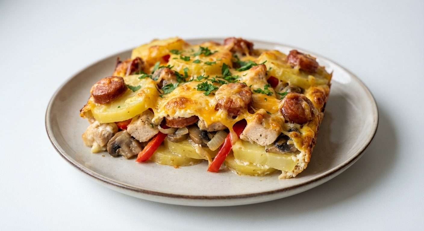 Zapiekanka Ziemniaczana z Kiełbasą i Cheddarem