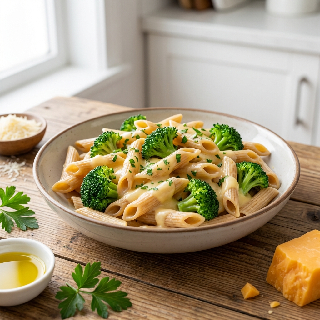 Penne w Serowym Sosie z Brokułami
