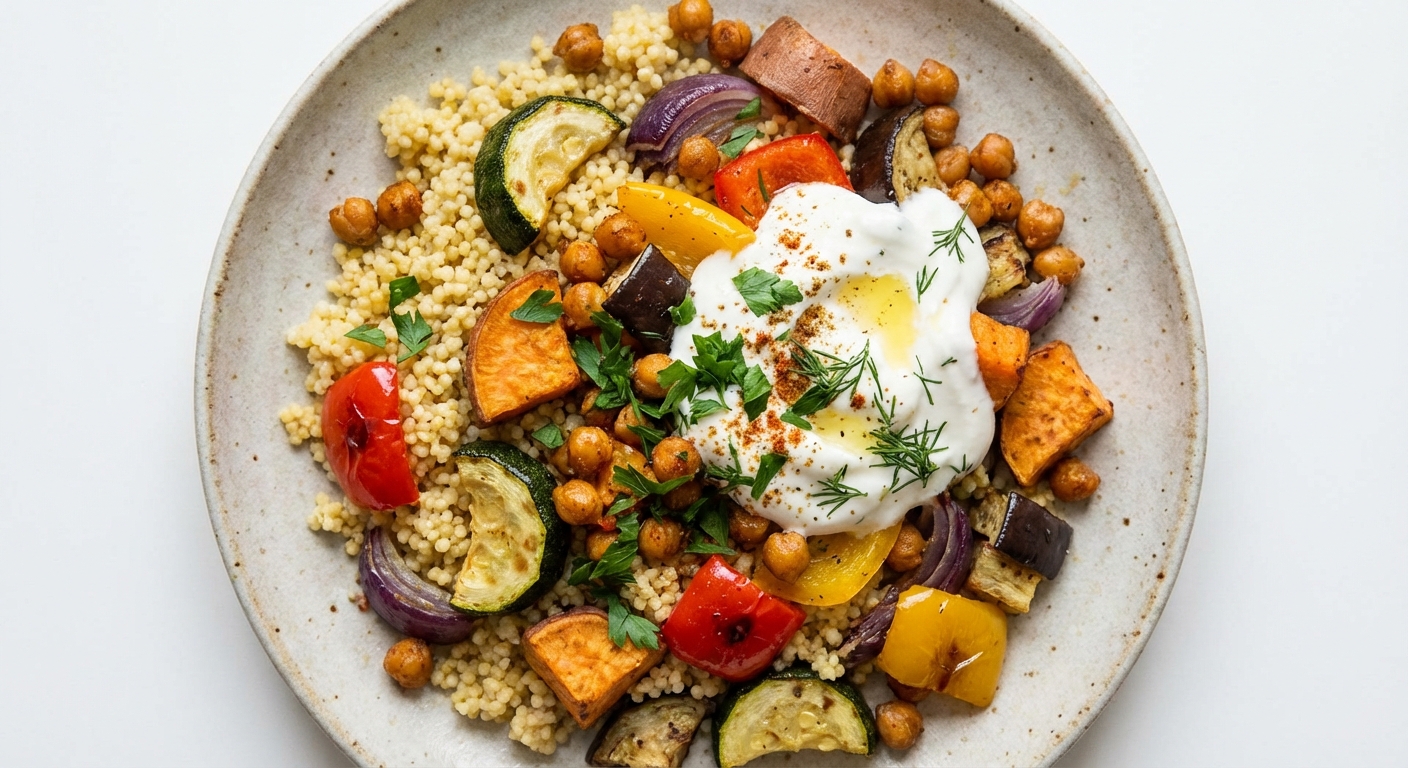 Pieczone warzywa z kaszą jaglaną i jogurtem