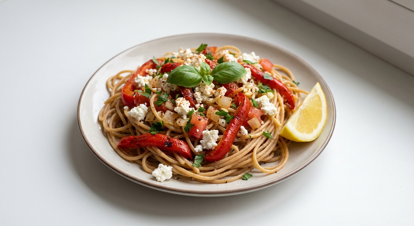 Razowe spaghetti z papryką i twarogiem