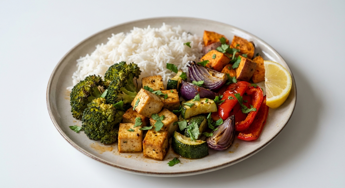 Pieczone warzywa z tofu i ryżem