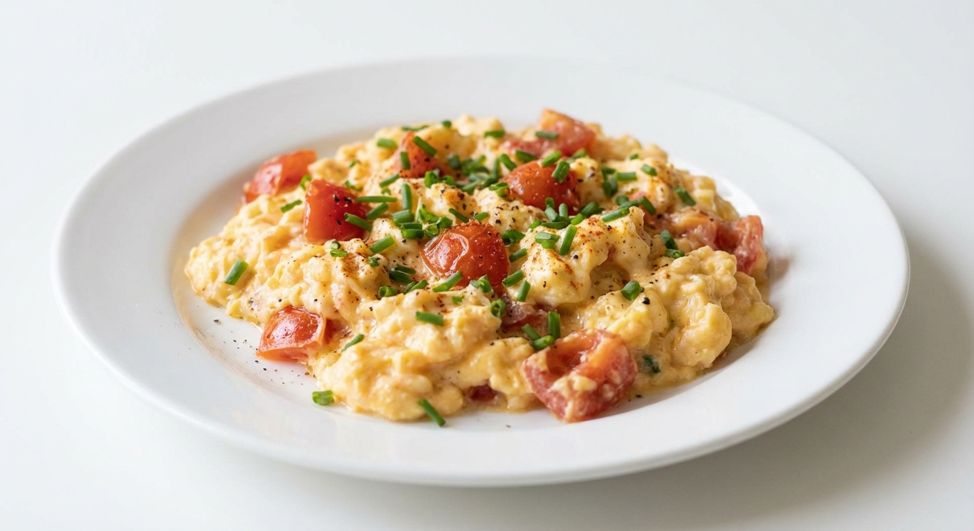 Kremowa jajecznica z pomidorami i szczypiorkiem