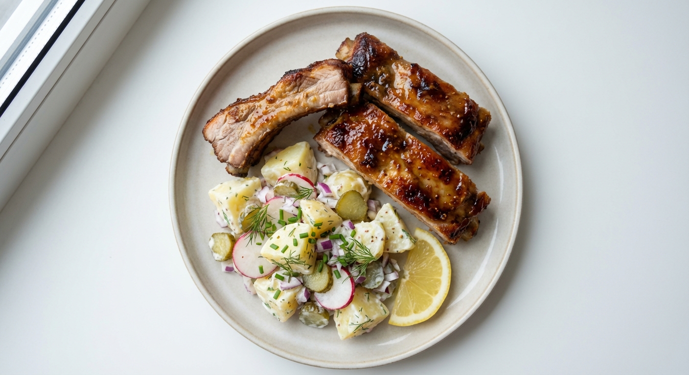 Miodowe Żeberka z Sałatką Ziemniaczaną
