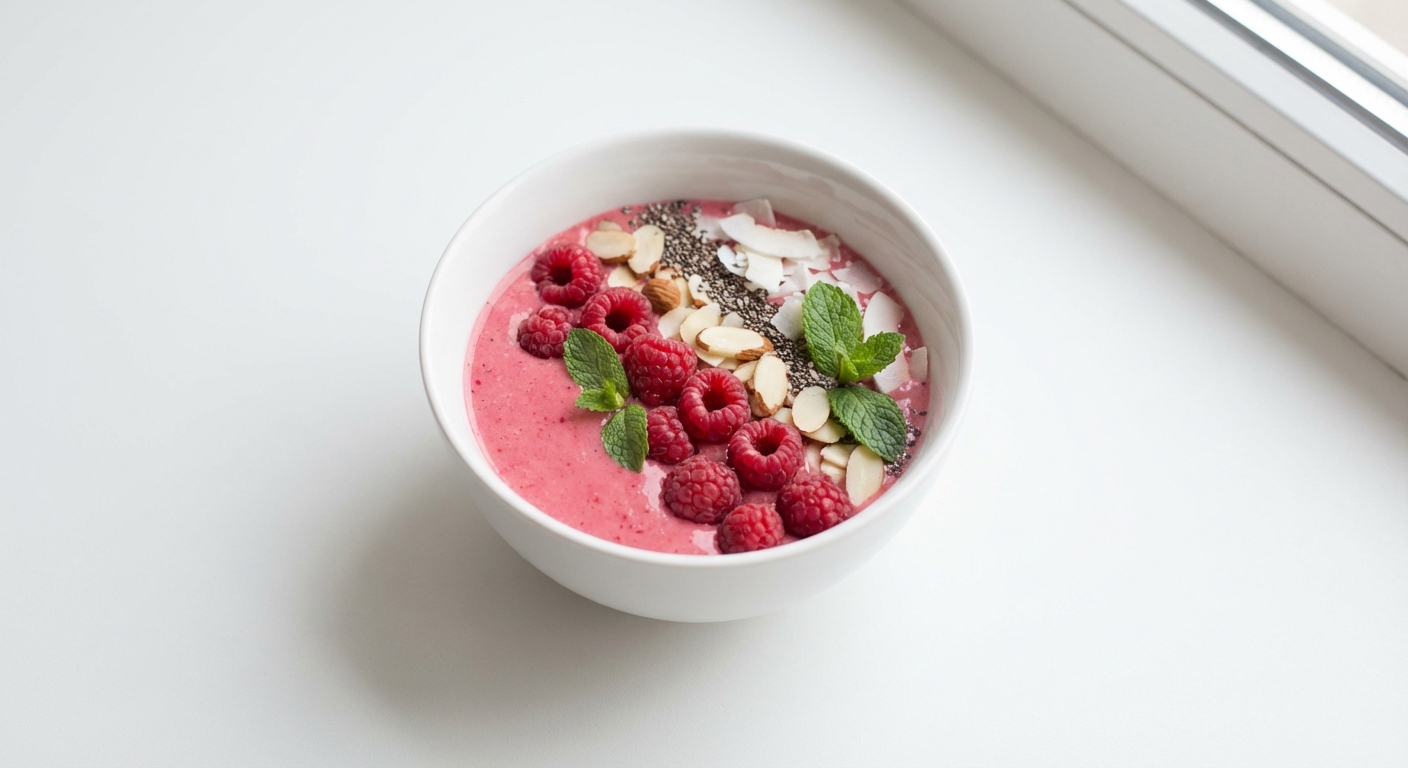 Malinowo-bananowy smoothie bowl z migdałami