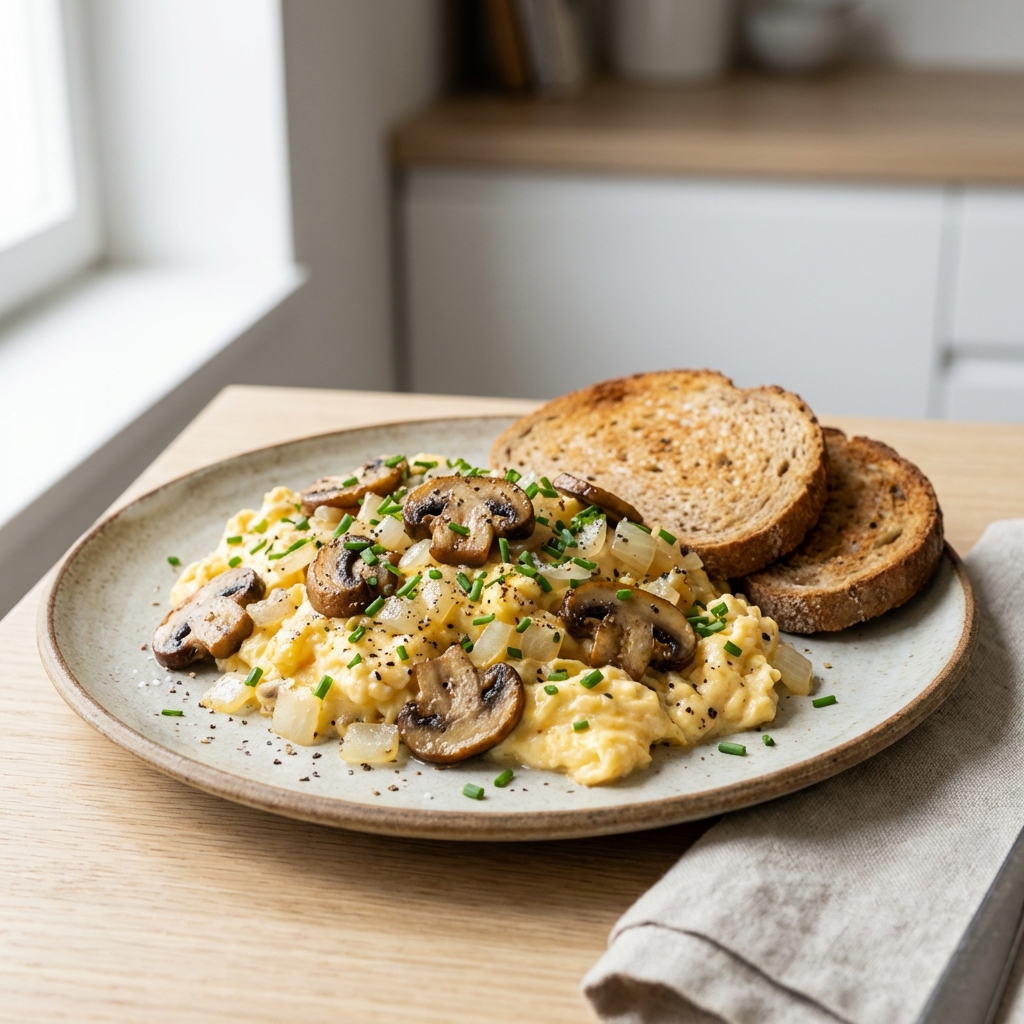 Jajecznica z Pieczarkami, Cebulą i Szczypiorkiem