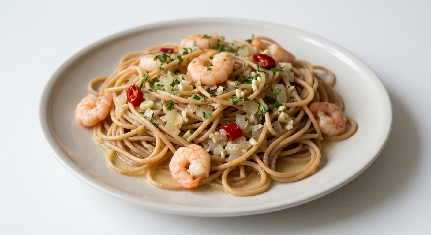 Spaghetti Razowe z Krewetkami w Winie