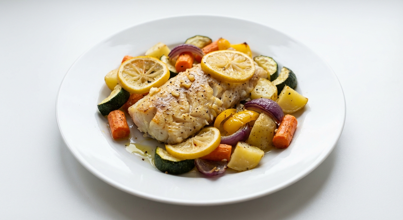 Dorsz pieczony z warzywami i cytryną