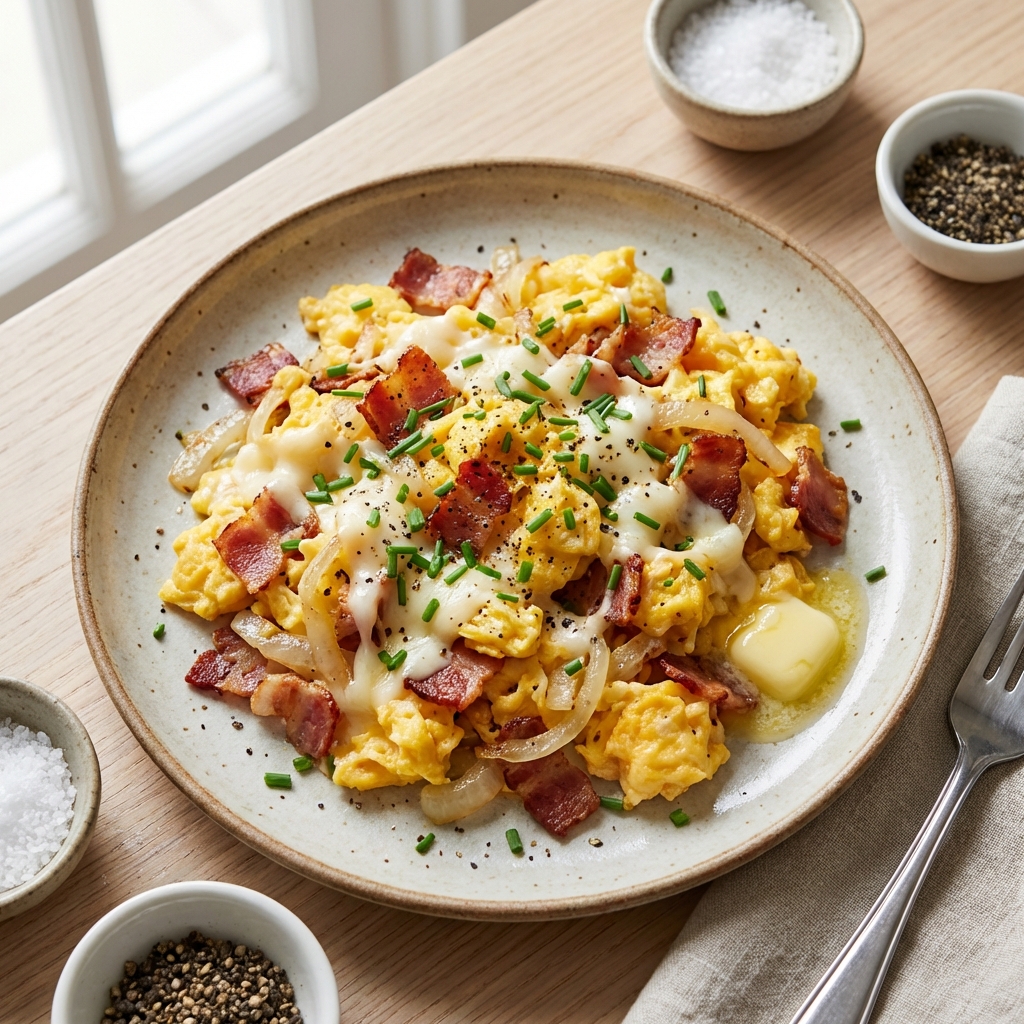 Jajecznica z Bekonem, Cebulą i Mozzarellą