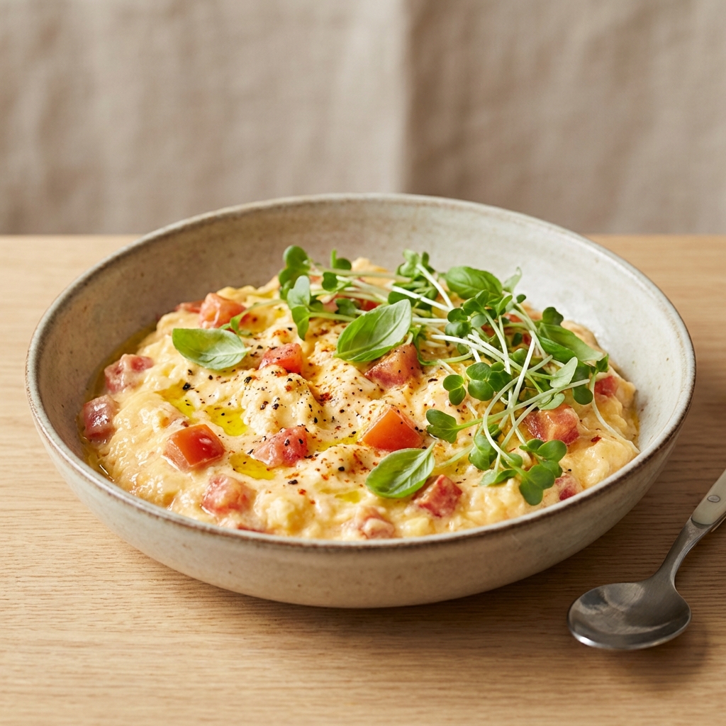 Kremowa jajecznica z pomidorem i kiełkami