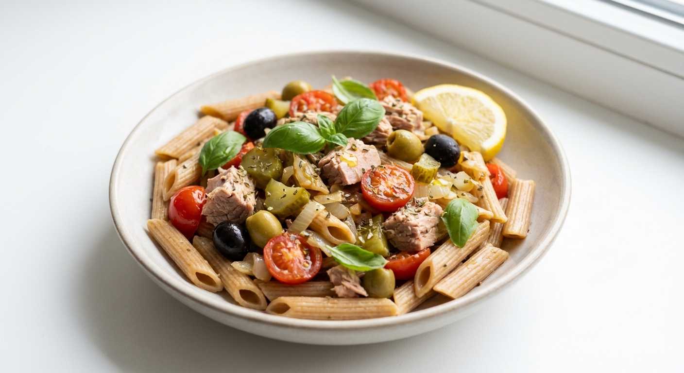 Penne z tuńczykiem, oliwkami i pomidorami