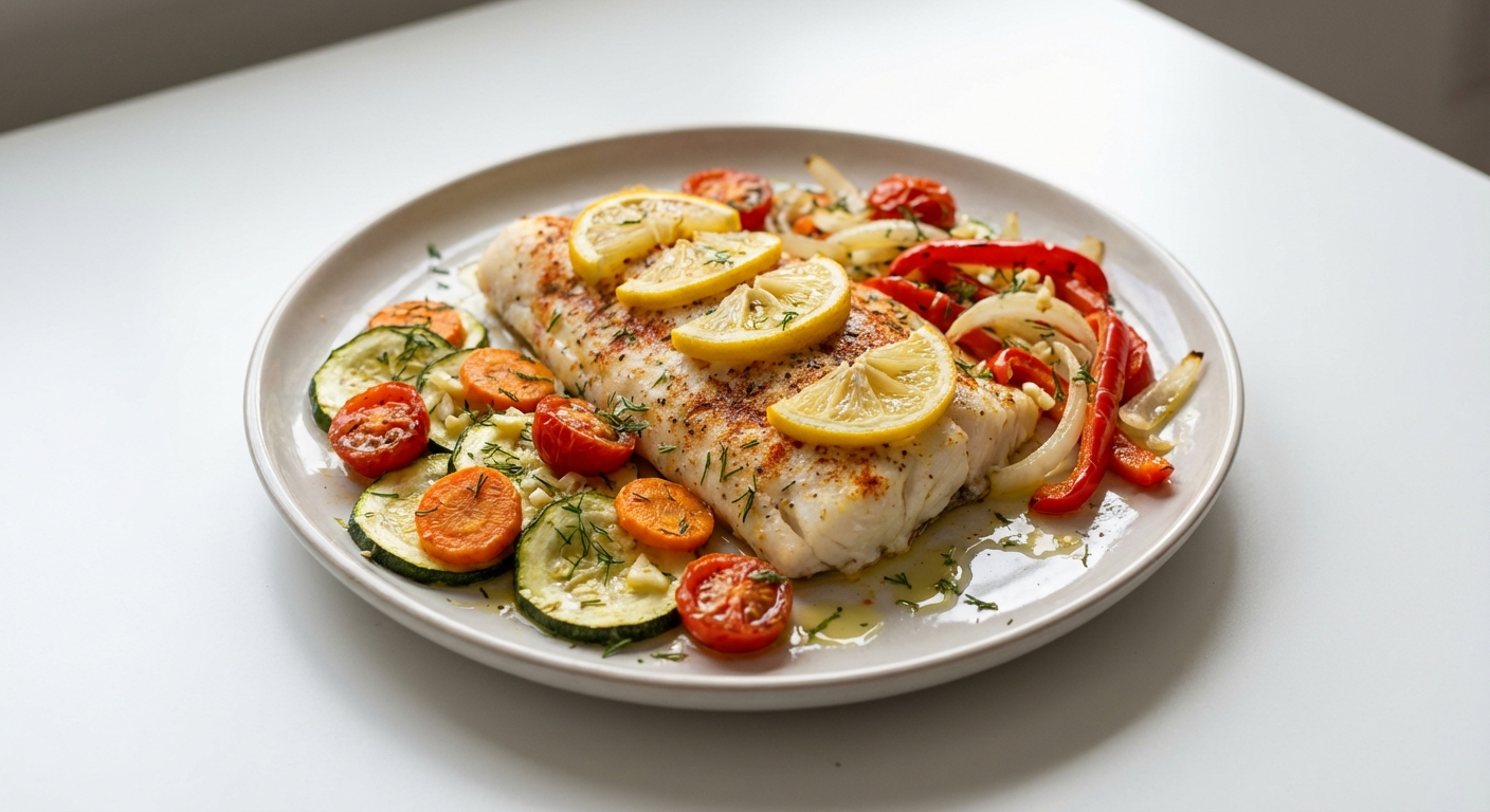 Dorsz pieczony z warzywami i cytryną