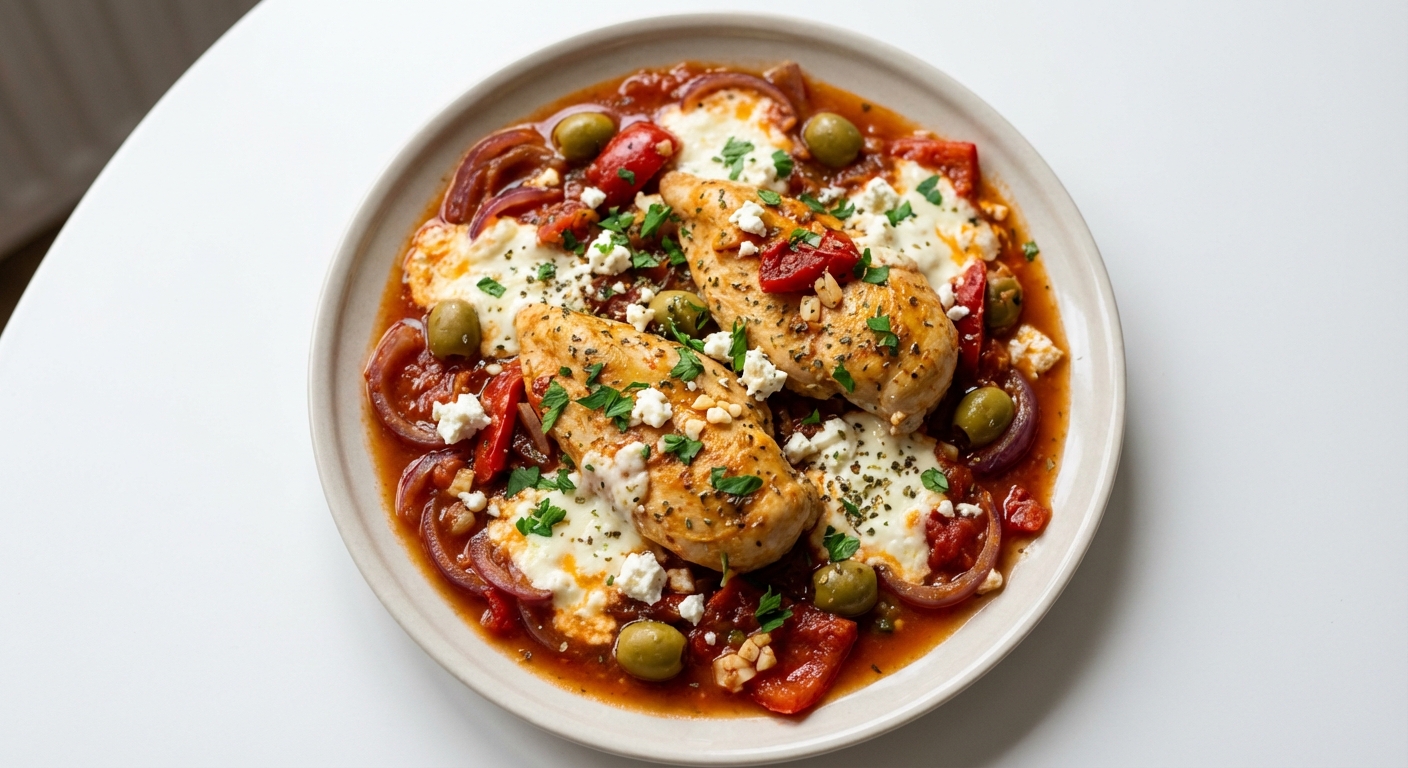 Kurczak duszony z twarogiem i oliwkami