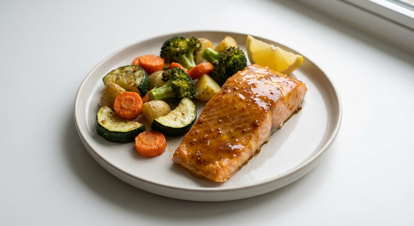 Łosoś z warzywami w glazurze miodowo-musztardowej