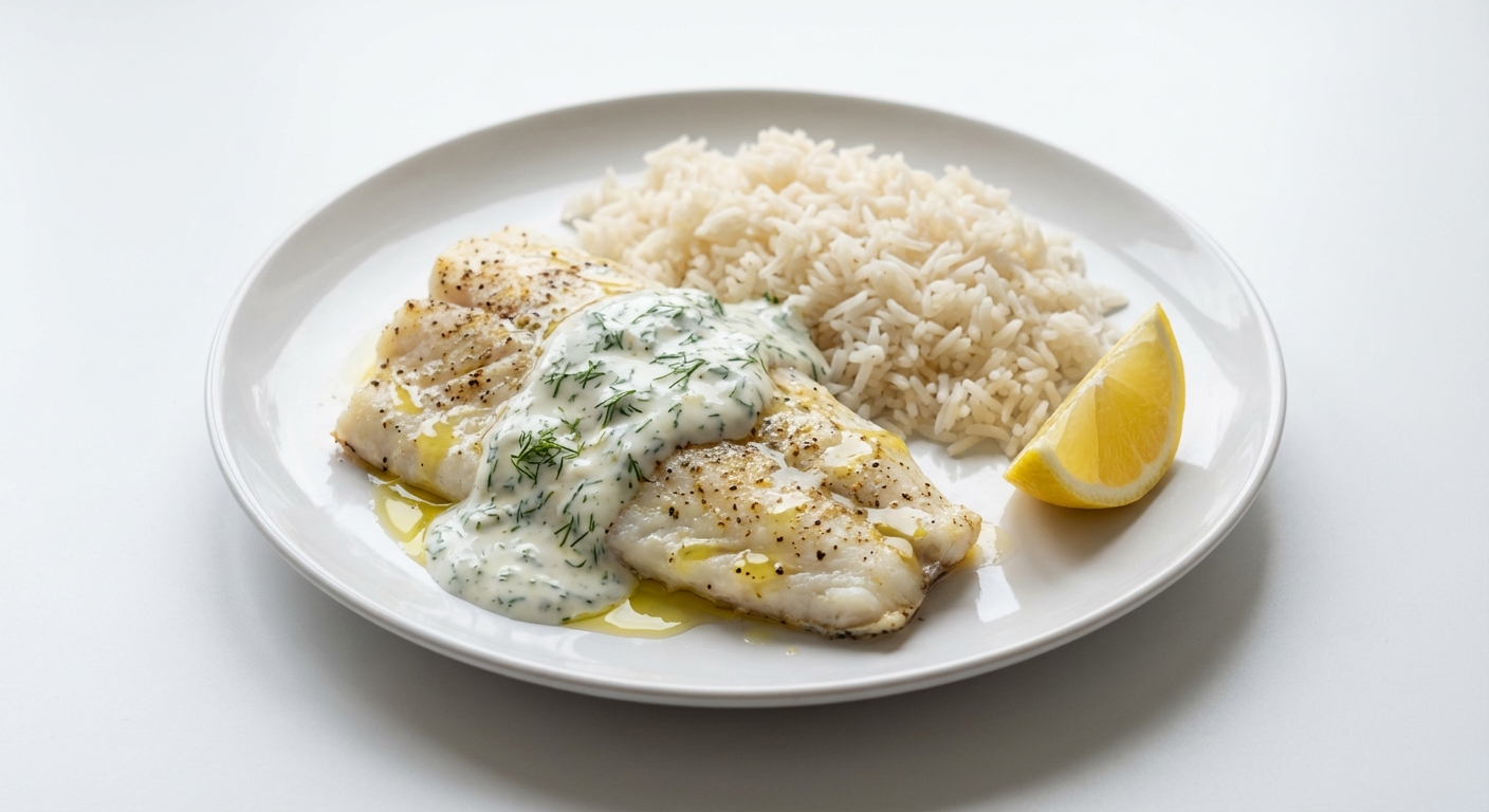 Dorsz z koperkiem, ryżem i cytryną