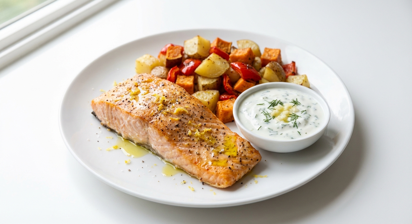 Pieczony Łosoś z Warzywami i Sosem