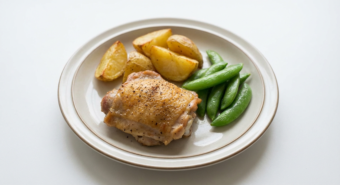 Udko z kurczaka, ziemniaki, groszek