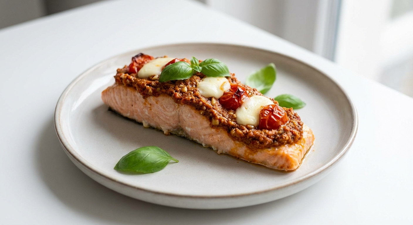 Pieczony łosoś z pesto pomidorowo-orzechowym