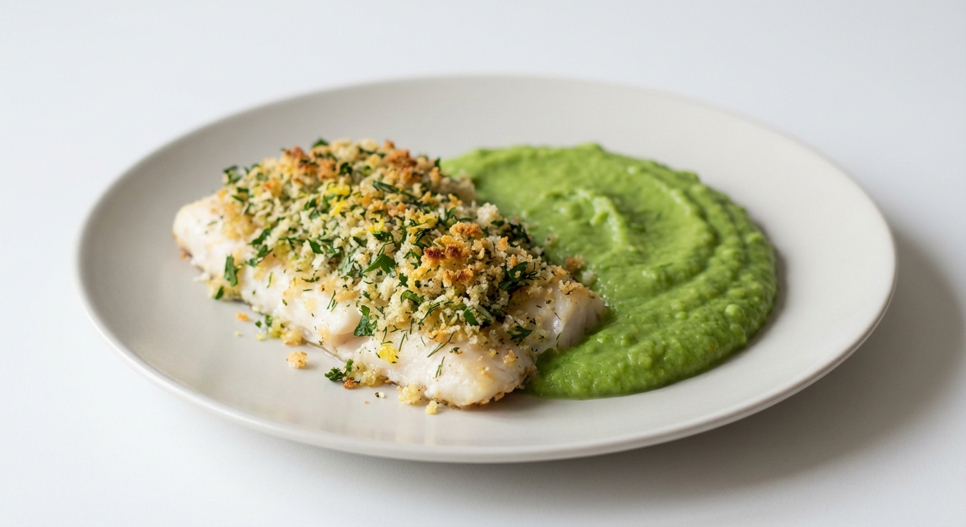 Dorsz z kruszonką i puree groszkowym