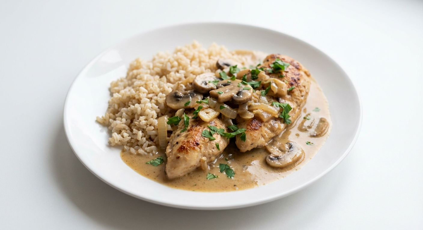 Kurczak w sosie pieczarkowym z ryżem