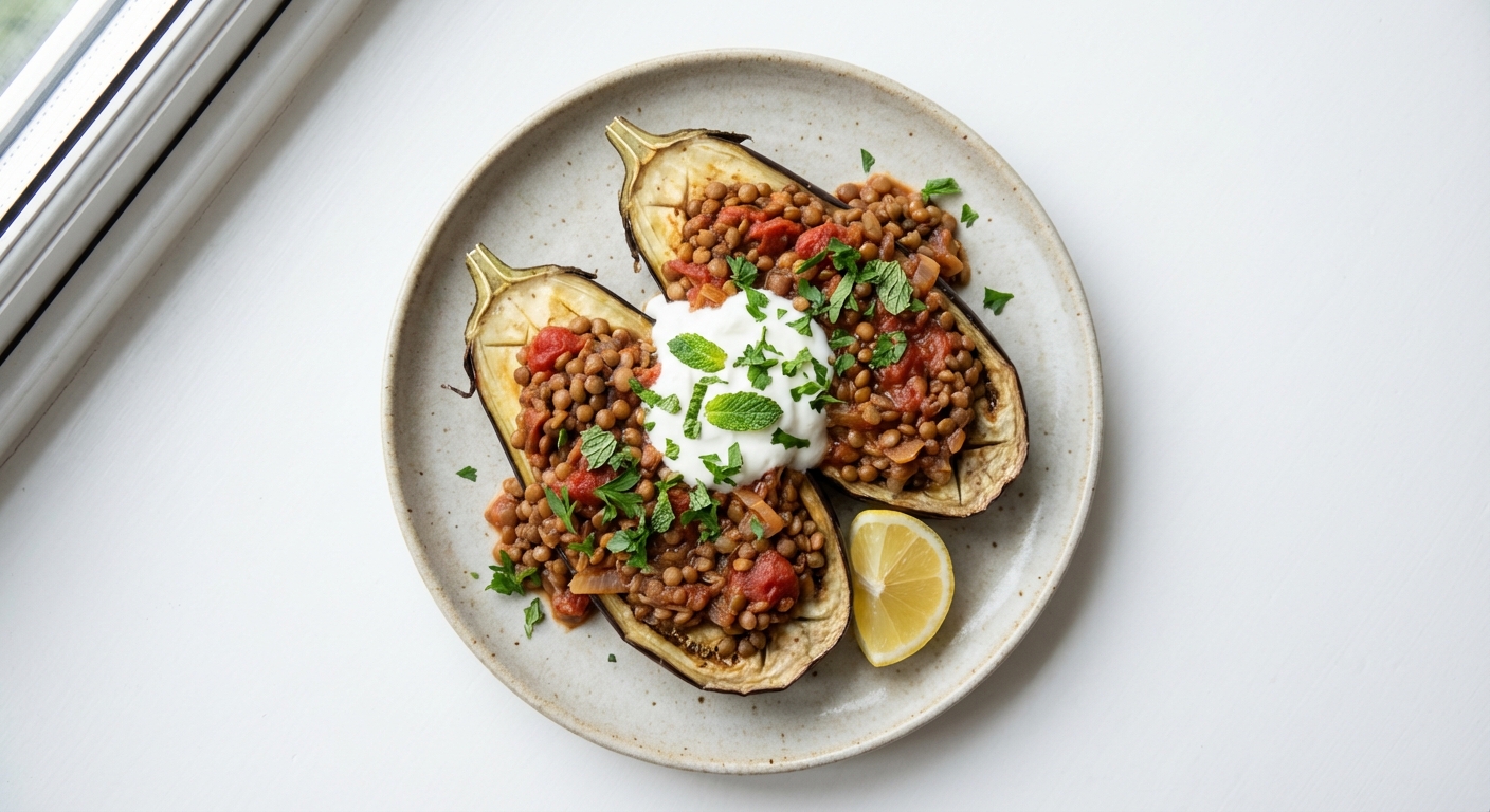 Pieczony bakłażan z soczewicą i miętą