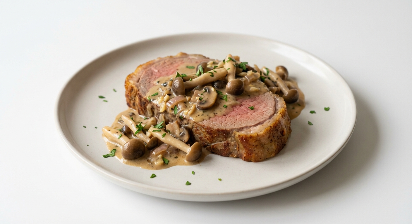 Pieczona polędwica wołowa z sosem grzybowym