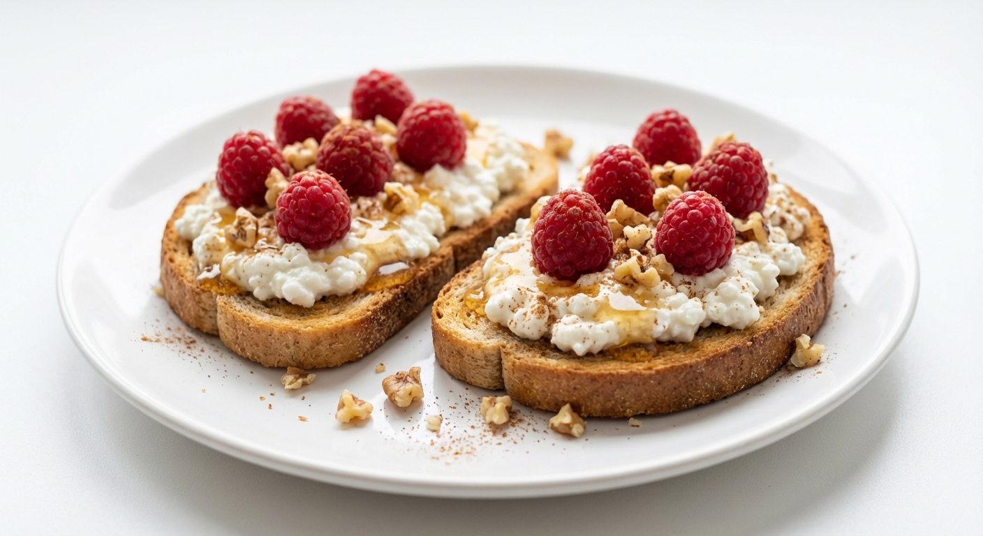 Żytnie tosty z twarogiem, miodem i malinami