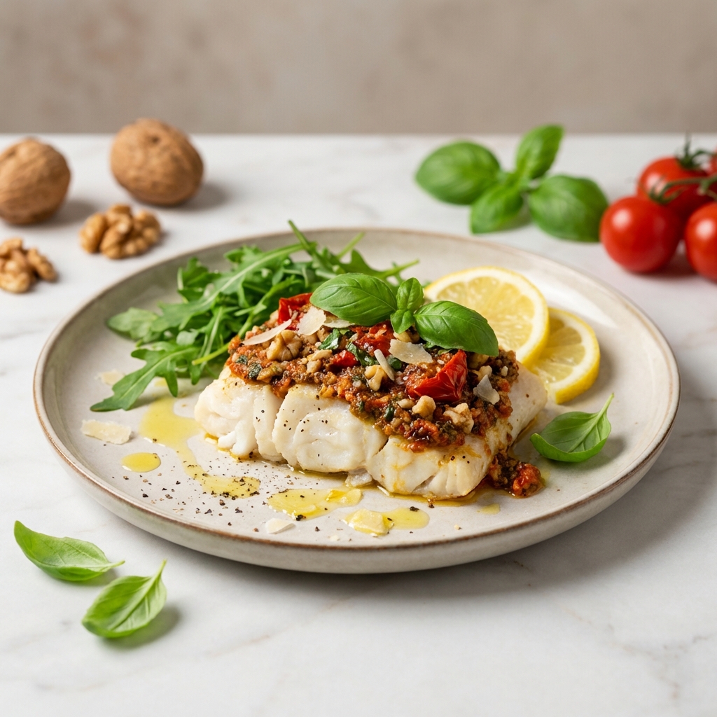 Dorsz z pesto pomidorowo-orzechowym