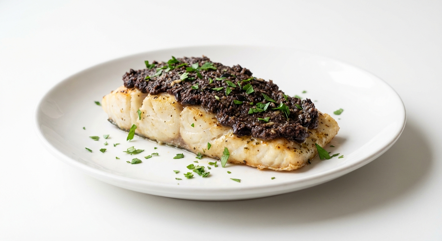 Pieczony dorsz z tapenadą oliwkową