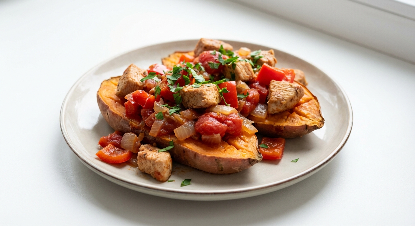 Bataty z Indykiem, Papryką i Pomidorami