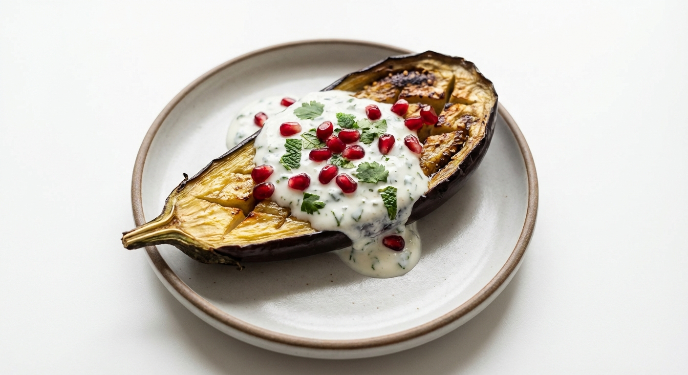 Pieczony bakłażan z jogurtem, miętą i granatem