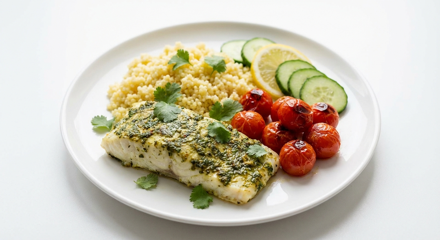 Pieczony dorsz z chermoulą i jaglanką