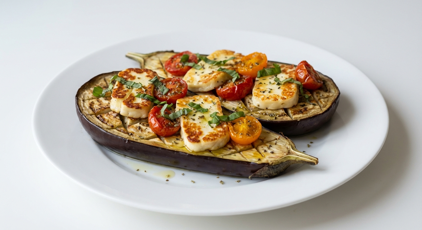 Zapiekany bakłażan z halloumi i pomidorami