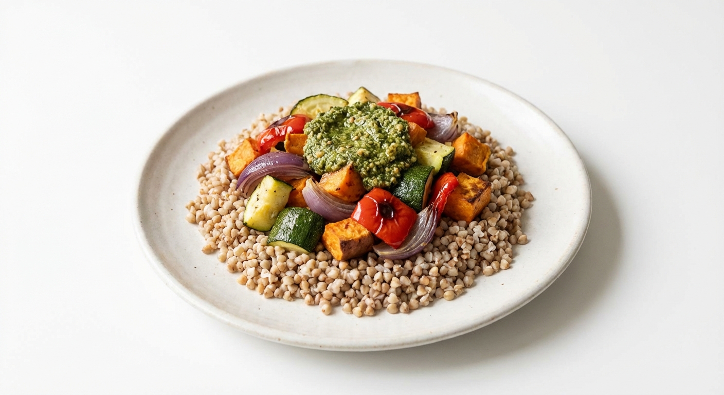 Pieczone warzywa z kaszą i pesto