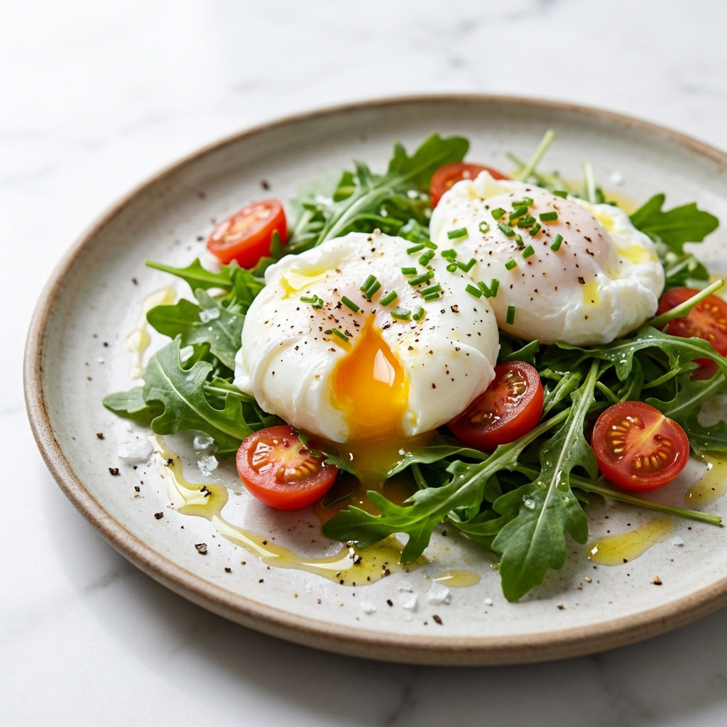 Jajka w koszulce z rukolą i pomidorami