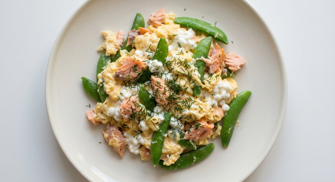 Jajecznica z łososiem, twarogiem i groszkiem