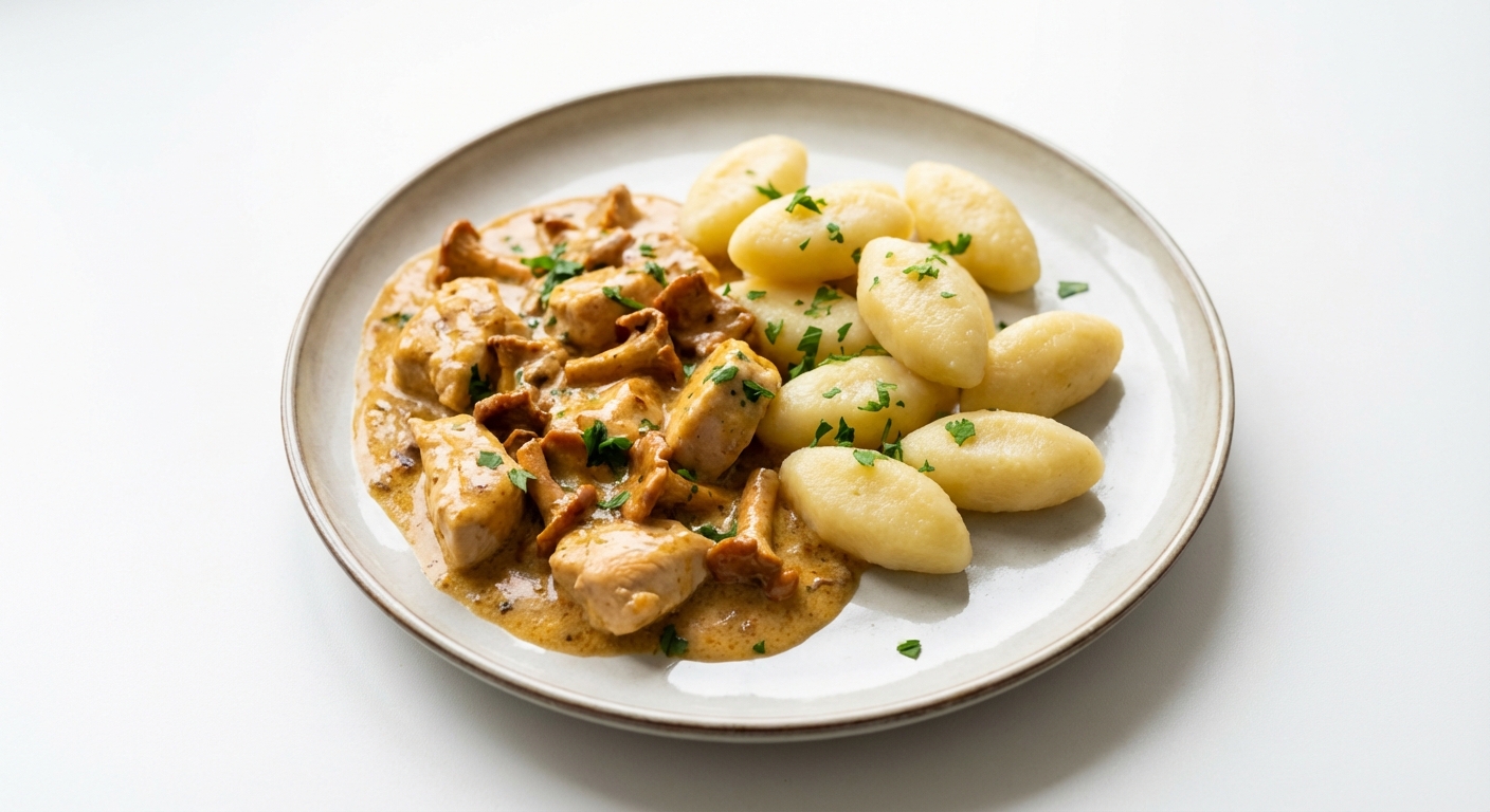 Kurczak w sosie kurkowym z kopytkami