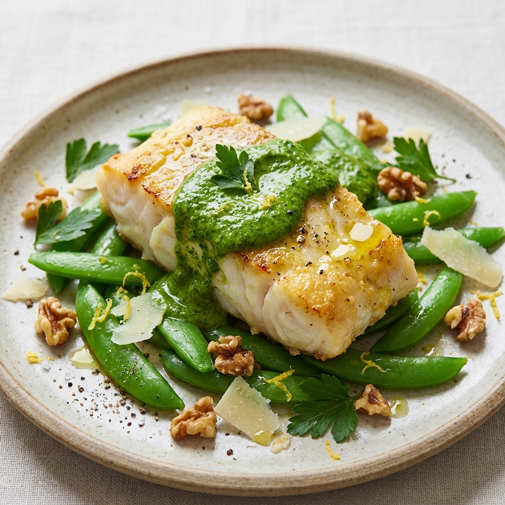 Dorsz z Pesto Pietruszkowym i Groszkiem