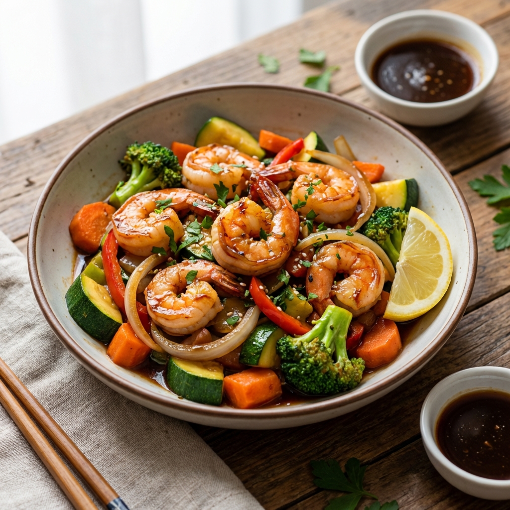 Miodowe krewetki stir-fry z warzywami