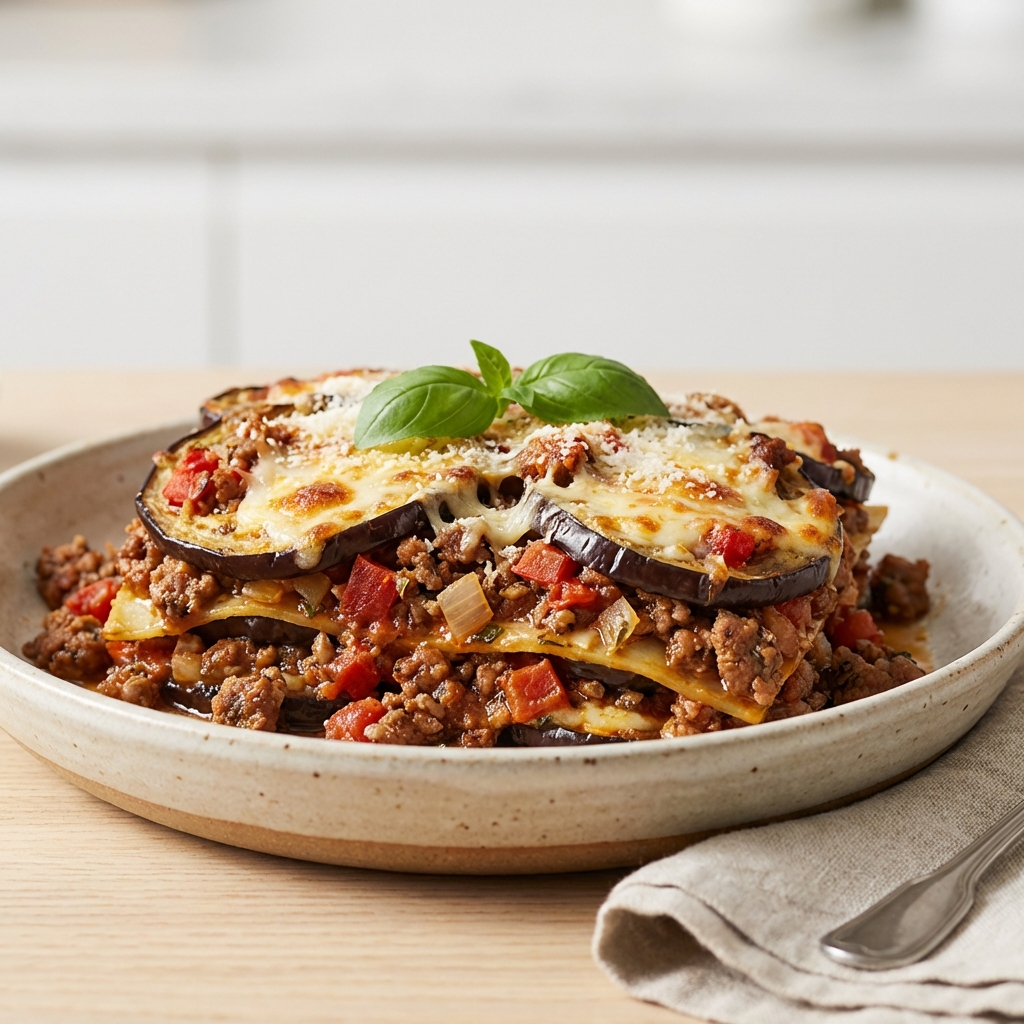 Lasagne z Bakłażanem, Wołowiną i Mozzarellą