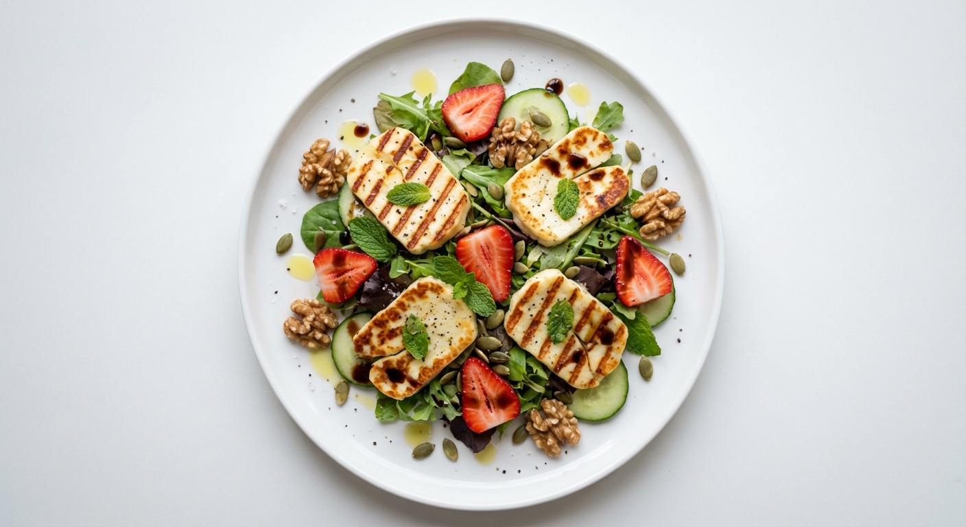 Sałatka Halloumi, Truskawki, Orzechy i Mięta