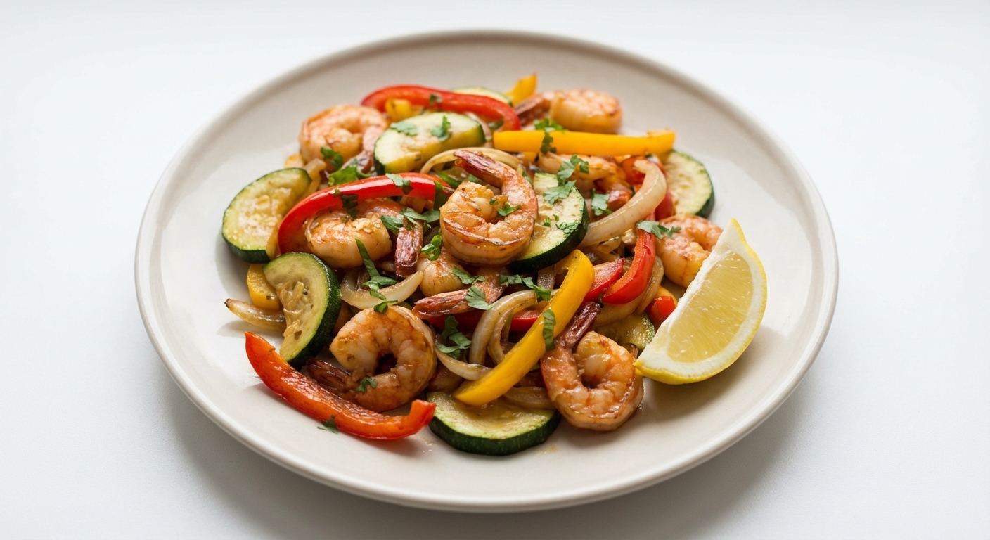 Smażone krewetki z papryką i cukinią