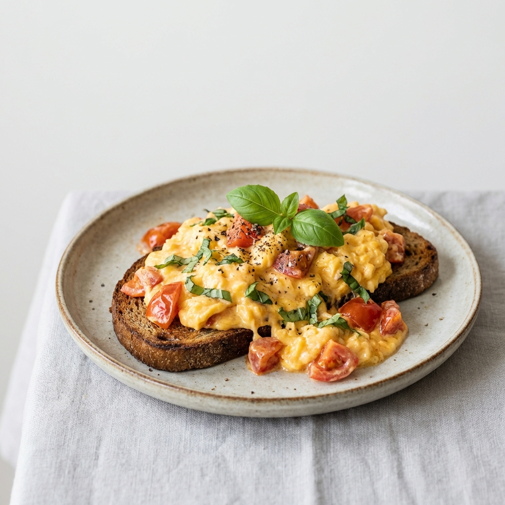 Jajecznica z pomidorami i bazylią na żytnim