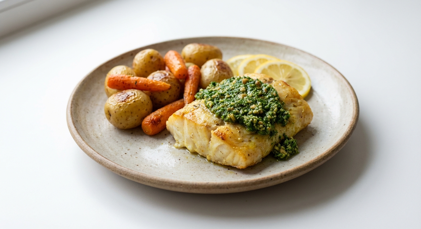 Pieczony dorsz z pesto pietruszkowym