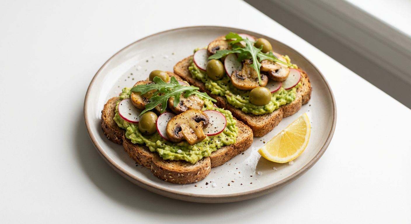 Razowy tost z awokado i pieczarkami