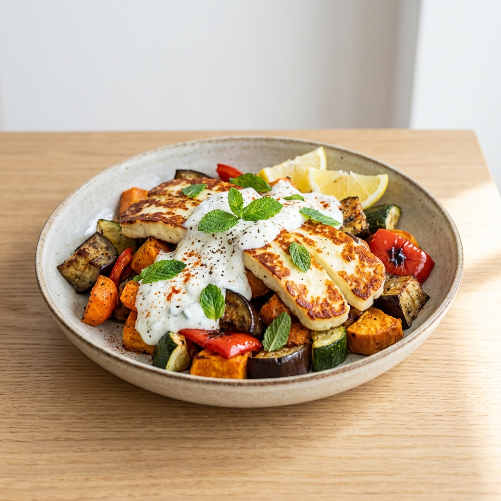 Pieczone warzywa z halloumi i miętą