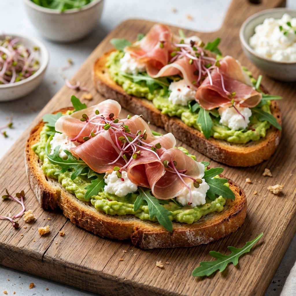 Żytnie Tosty z Awokado, Ricottą i Prosciutto