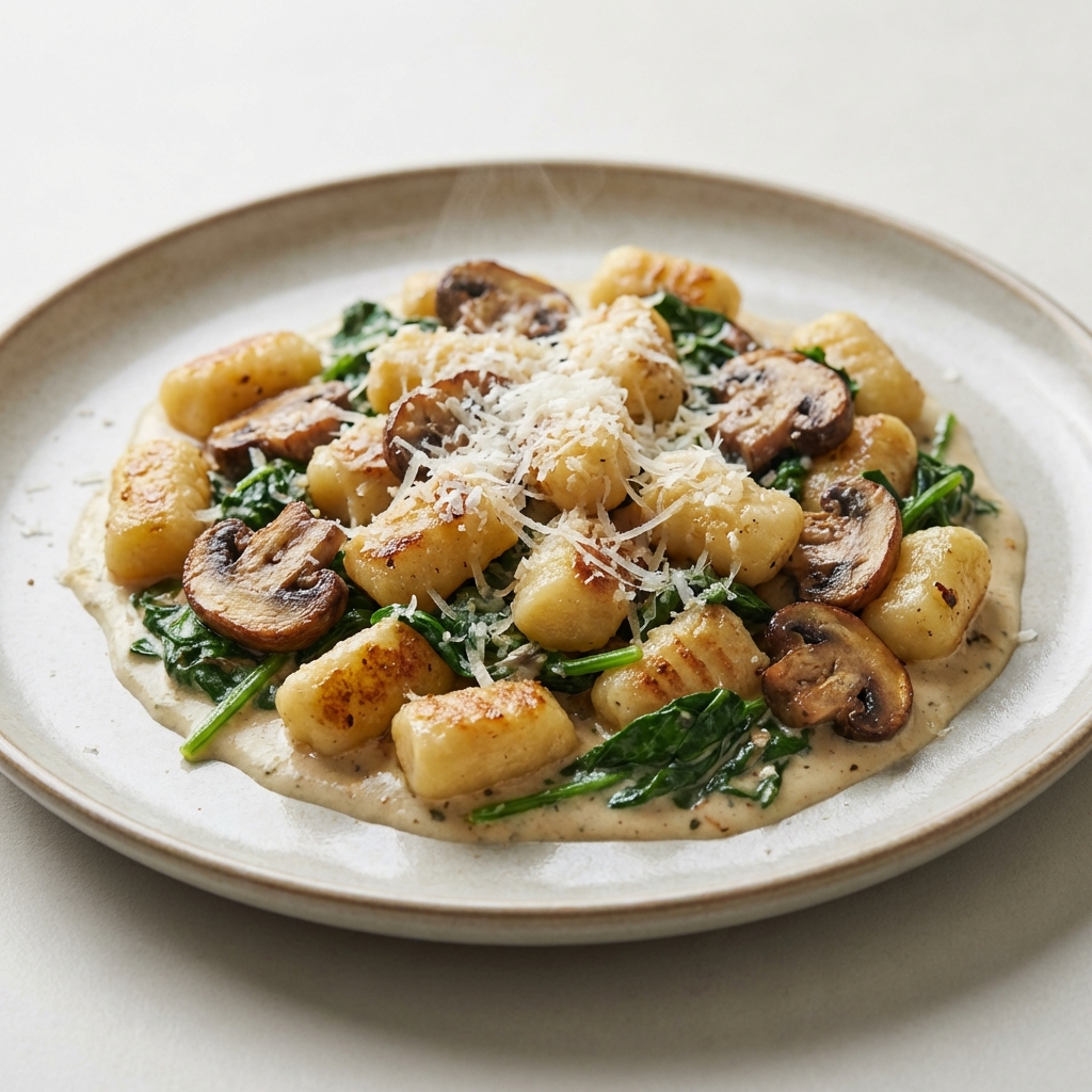 Gnocchi ze szpinakiem, pieczarkami i Grana Padano