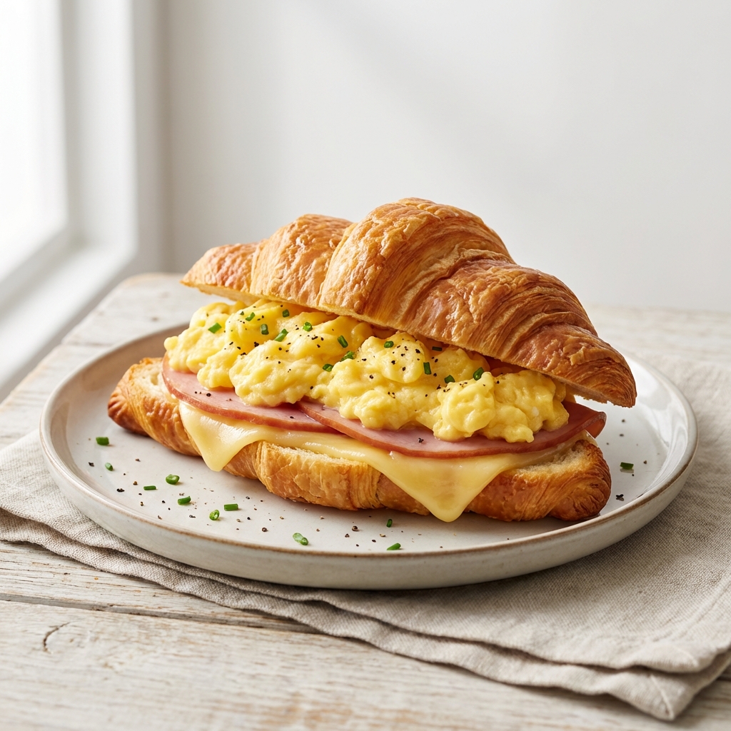 Croissant z jajecznicą, szynką i Goudą